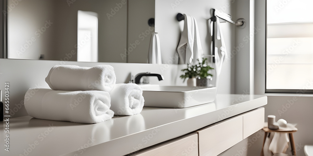 tabletop counter with a towel. in front of bright out of focus bathroom. copy space tabletop counter with a towel. in front of bright out of focus bathroom. copy space