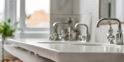 tabletop counter with a towel. in front of bright out of focus bathroom. copy space