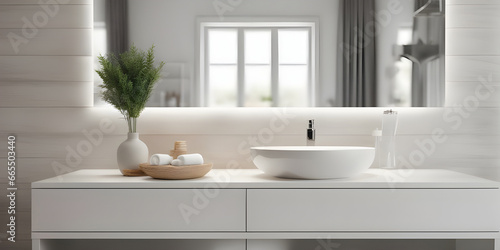 tabletop counter with a towel. in front of bright out of focus bathroom. copy space © Smile Studio AP