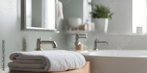 tabletop counter with a towel. in front of bright out of focus bathroom. copy space © Smile Studio AP