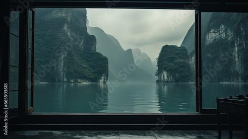 three gorges, view from the wooden window  photo