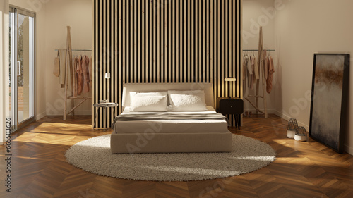 Interior design di una camera da letto con testata con listelli di legno e cabina armadio rosa sul retro. Camera accogliente con grande tappeto. Interior design of a bedroom with a wooden slat. photo