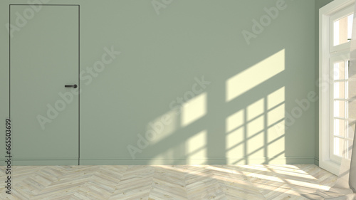 Scena con parete vuota rosa porta a filomuro e riflesso finestra, con pavimento in marmo. Scene with empty wall green flush door and window reflection, with wood floor. photo