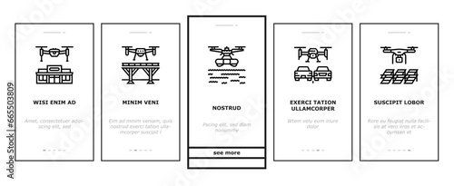 drone commercial use onboarding mobile vector industry survey, operator weather safety, surveyor land, city agriculture, digital drone commercial use illustrations