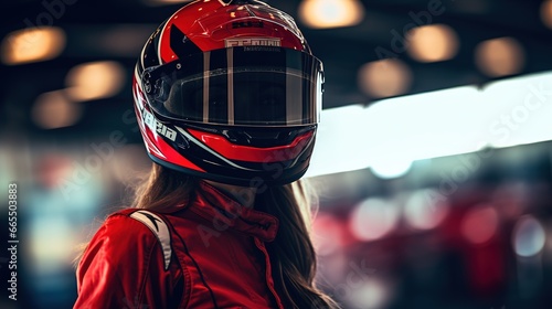 Woman in racing dress - female motosport car racer, blurred garage background