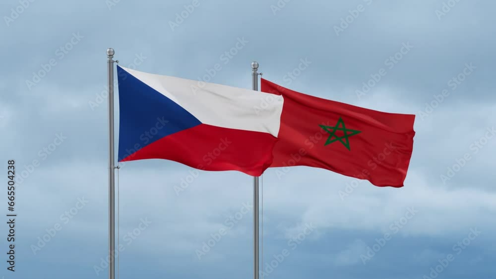 Morocco flag and Czech flag waving together on cloudy sky, endless seamless loop, two country relations concept Morocco flag and Czech flag waving together on cloudy sky, endless seamless loop, two country relations concept