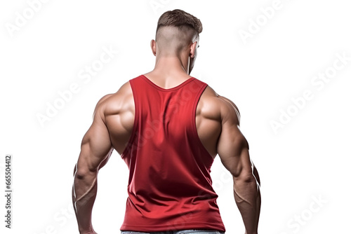 muscular sportsman in a red T-shirt on a white background. a young male athlete stands with his back isolated on white. a bodybuilder, a man with big muscles.