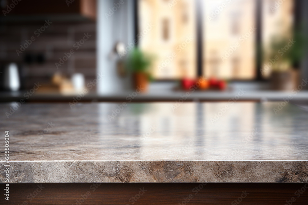 empty countertop, kitchen blurry background. space for mounting your product. empty countertop, kitchen blurry background. space for mounting your product.