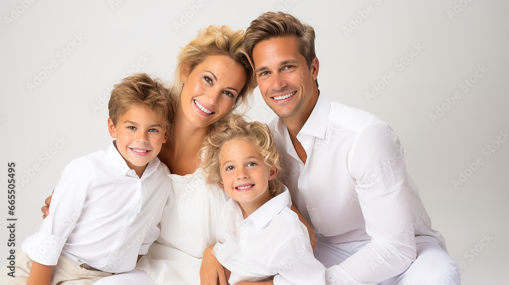 Happy couple with children are photographed in the studio in white clothes. Happy couple with children are photographed in the studio in white clothes.