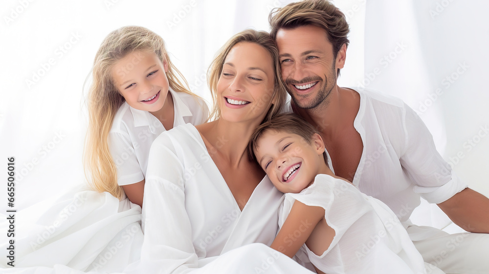 Happy couple with children are photographed in the studio in white clothes. Happy couple with children are photographed in the studio in white clothes.