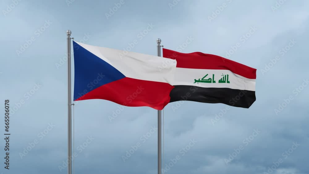 Iraq flag and Czech flag waving together on blue sky, looped video Iraq flag and Czech flag waving together on blue sky, looped video