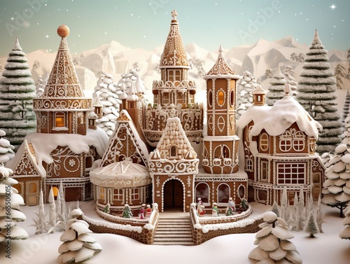 Merry Christmas from a winter wonderland where gingerbread houses nestle in the snowy forest, with gingerbread men frolicking around and trees blanketed in white in the backdrop