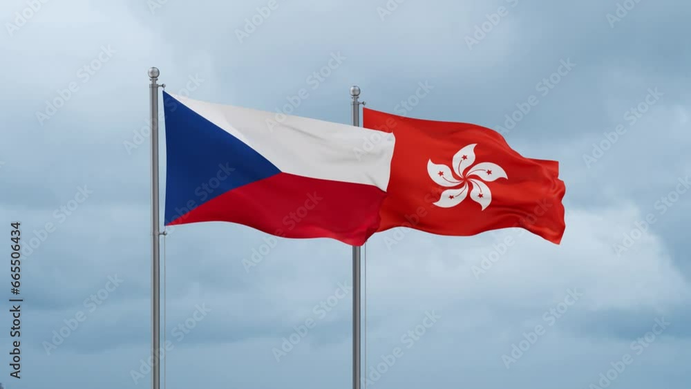 Hong Kong flag and Czech flag waving together on cloudy sky, endless seamless loop, two country relations concept Hong Kong flag and Czech flag waving together on cloudy sky, endless seamless loop, two country relations concept