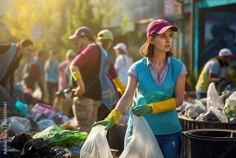 Fototapeta premium A group of people collect garbage in the park and distribute it into containers. The concept of caring for the planet.