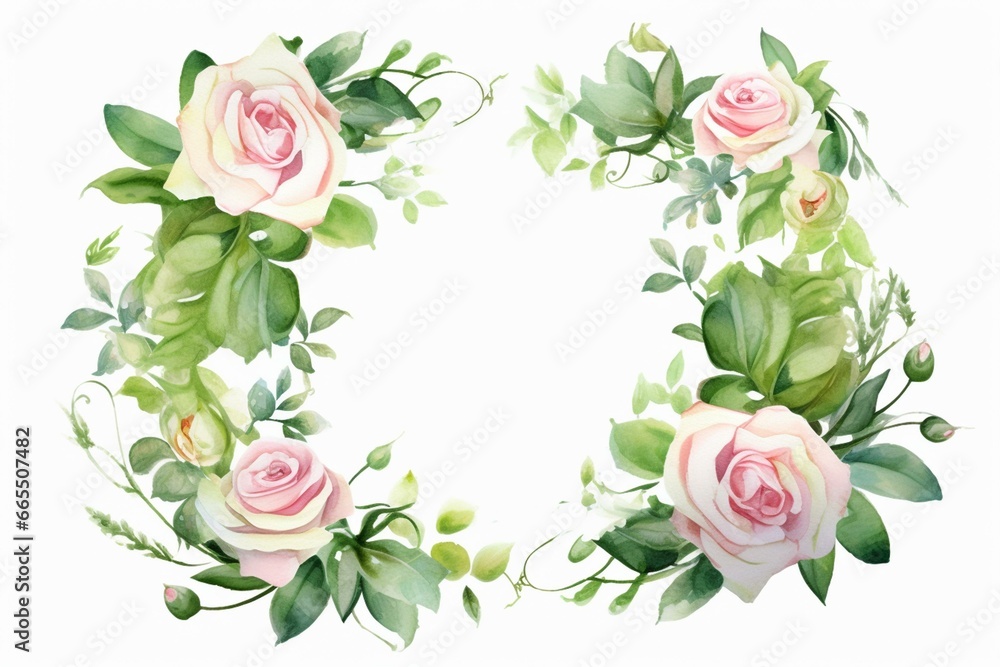 A wreath made of watercolor roses and greenery. Generative AI