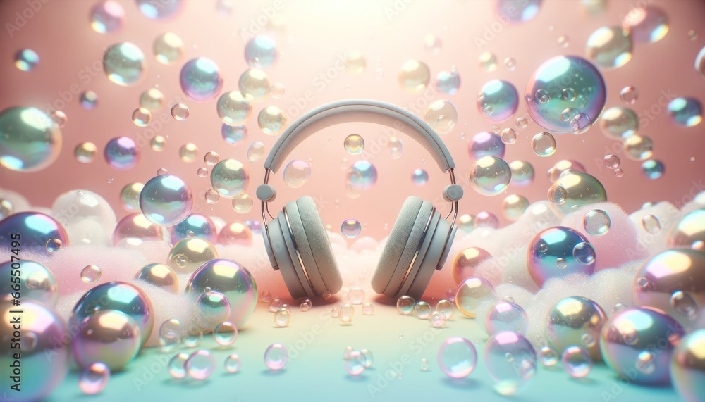 A vibrant soundscape comes to life as soap bubbles dance around a levitating pair of headphones, transporting the viewer into a dreamy world of music and wonder - obrazy, fototapety, plakaty 