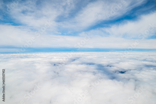 Aerial view White clouds in blue sky. Top view. View from drone. Aerial bird's eye view. Aerial top view cloudscape. Texture of clouds. flight over the clouds background. 