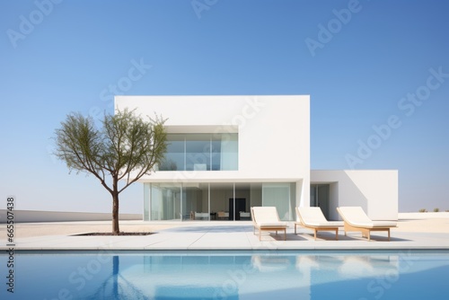 White villa with a modern minimalist exterior and swimming pool on a clear, sunny day © Viktor
