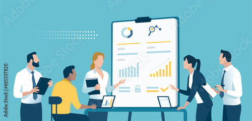 Project. Plan. The team is working on a project on a large flipchart. Vector illustration.
