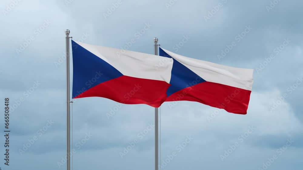 Two Czech Republic flags waving together on cloudy sky, endless seamless loop, two country relations concept Two Czech Republic flags waving together on cloudy sky, endless seamless loop, two country relations concept