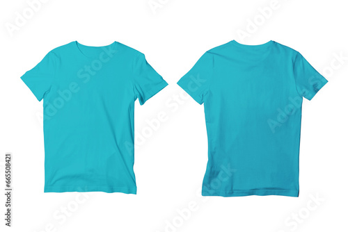 Blank Turquoise Isolated Unisex Crew Neck Short Sleeve T-Shirt Front and Back View Mockup Template