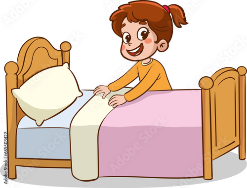 Happy little children doing housework cleaning.child making bed.