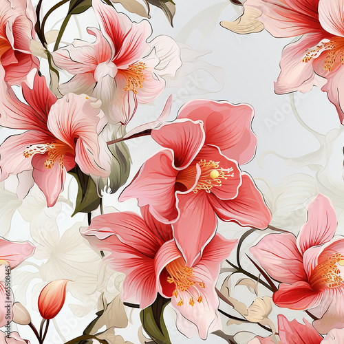 Seamless floral wallpaper with orchids in pin on a white background.