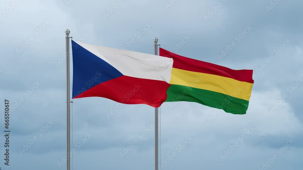 Bolivia flag and Czech flag waving together on cloudy sky, endless seamless loop, two country relations concept Bolivia flag and Czech flag waving together on cloudy sky, endless seamless loop, two country relations concept