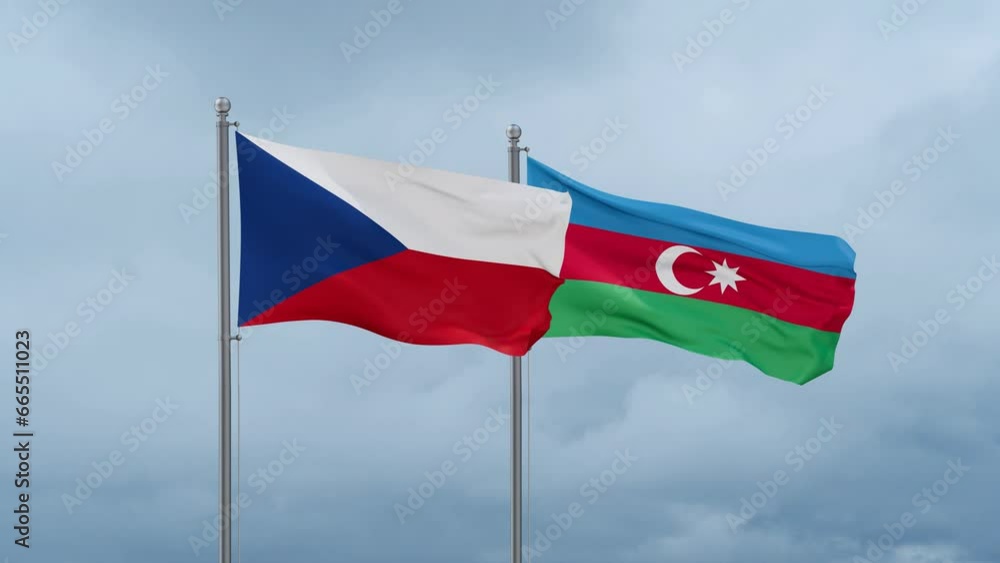 Azerbaijan and Czech flag waving together on cloudy sky, endless seamless loop, two country cooperation concept Azerbaijan and Czech flag waving together on cloudy sky, endless seamless loop, two country cooperation concept