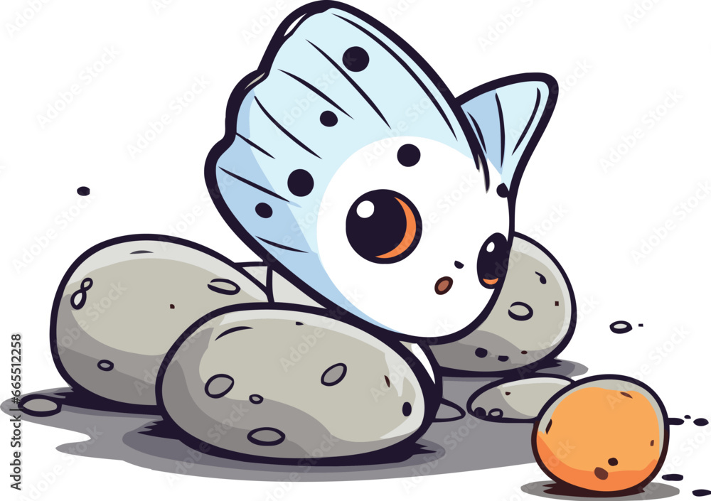 Butterfly sitting on stones and holding orange. Vector illustration. Butterfly sitting on stones and holding orange. Vector illustration.