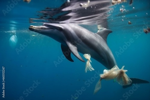 Ocean pollution: dolphin swims amidst plastic-filled waters, eating debris. Generative AI © Ylva