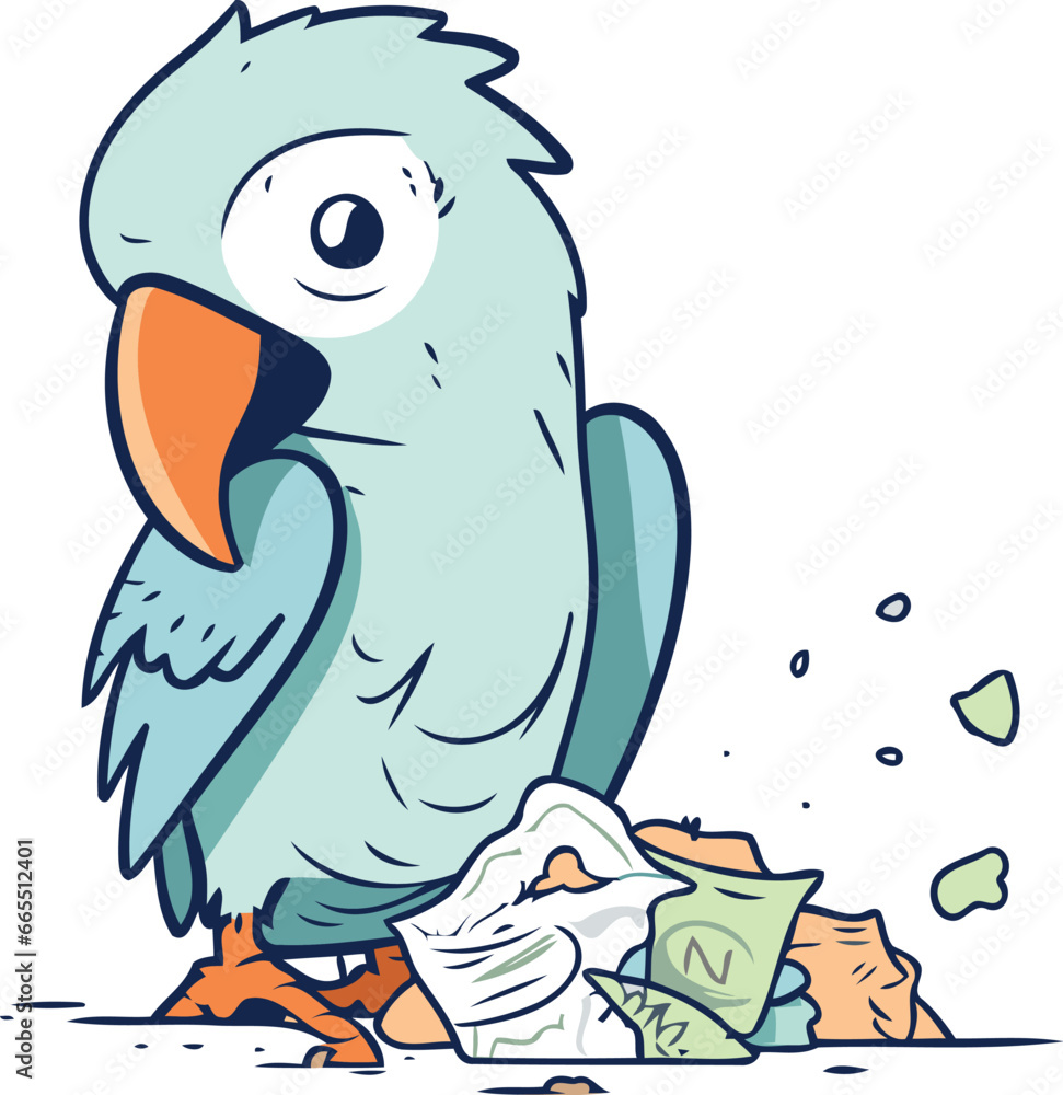 Cartoon parrot with garbage in its beak. Vector illustration. Cartoon parrot with garbage in its beak. Vector illustration.
