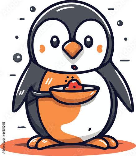 Cute penguin with a bowl of food. Vector illustration.