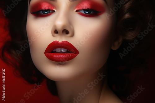 Young woman s lips with red lipstick