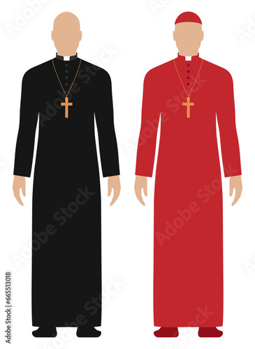 Vector set of priest dressed in black and red cassock, isolated on white background.