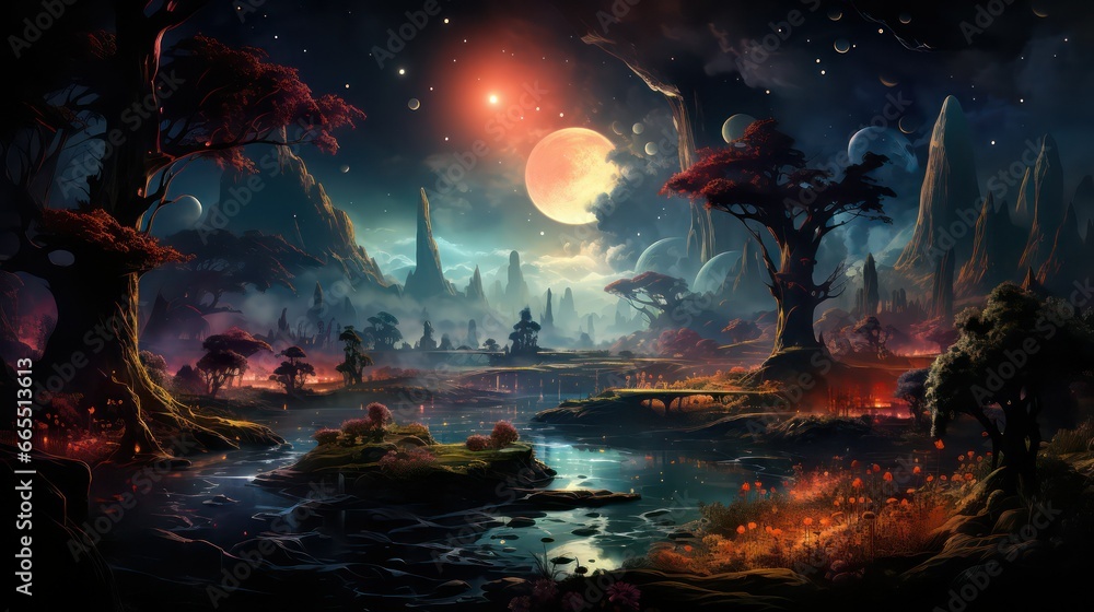 landscape with a moon and forest night view landscape with a moon and forest night view