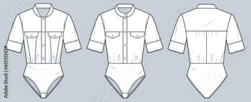 Set of Shirt technical fashion Illustration. Bodysuit fashion flat technical drawing template, button down, short sleeve, pockets, front, back view, white, women, men, unisex CAD mockup.