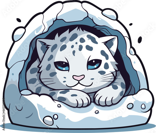 Cute cartoon snow leopard in a hole. Vector illustration.