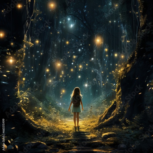 Girl in a magical forest with fireflies  facing away from us