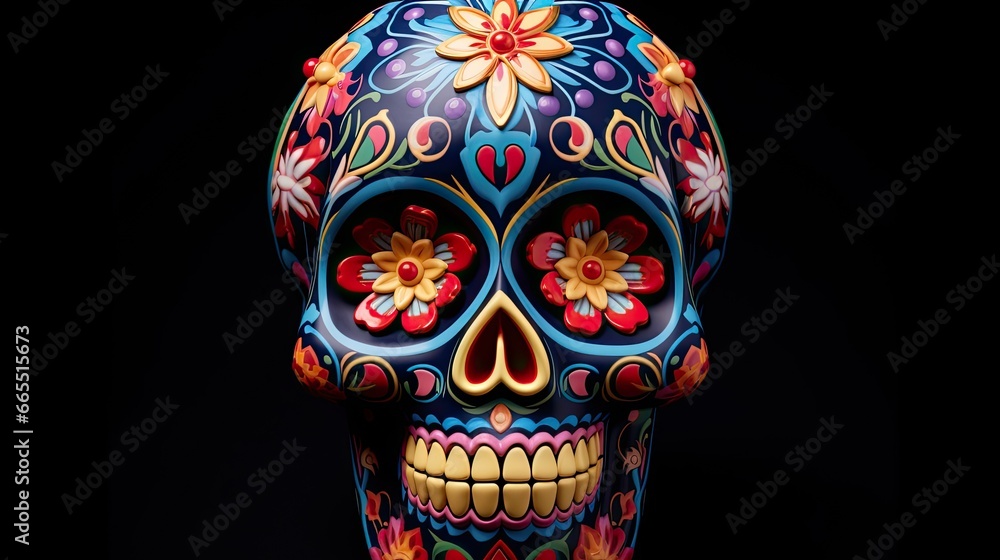 Naklejka premium 3D rendered day of the dead sugar skull with colorful pattern isolated on black background