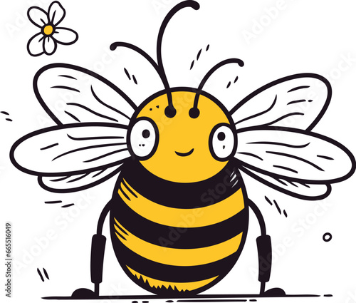 Cute cartoon bee with flower. Vector illustration isolated on white background.