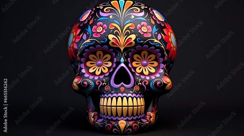 3D rendered day of the dead sugar skull with colorful pattern isolated on black background 3D rendered day of the dead sugar skull with colorful pattern isolated on black background