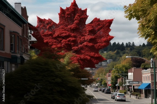 The name of the Canadian city Ladysmith in the province of British Columbia before a photo with the Canadian maple leaf. Generative AI photo