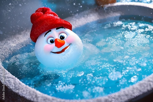 A happy snowman wearing a red hat in a bathtub full of ice, Generative Ai 