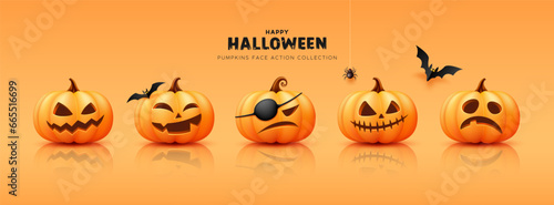 Pumpkins face action collections with shadow, halloween concept design on orange background, Eps 10 vector illustration
