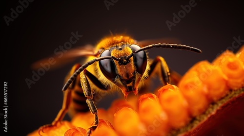 Yellow jacket wasp resting on flower macro closeup, ill tempered flying insect with painful sting, big black eyes. © SoulMyst