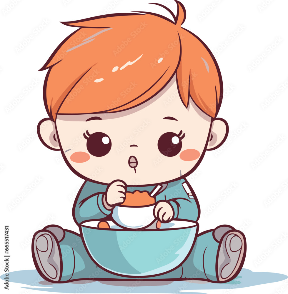 Cute little boy eating a bowl of cereals. Vector illustration. Cute little boy eating a bowl of cereals. Vector illustration.