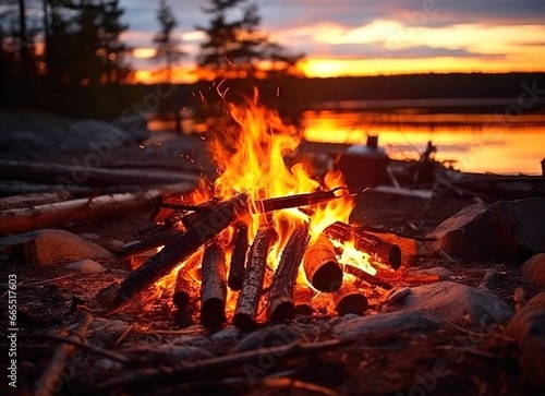 bonfire at sunset in the wild near the lake 
