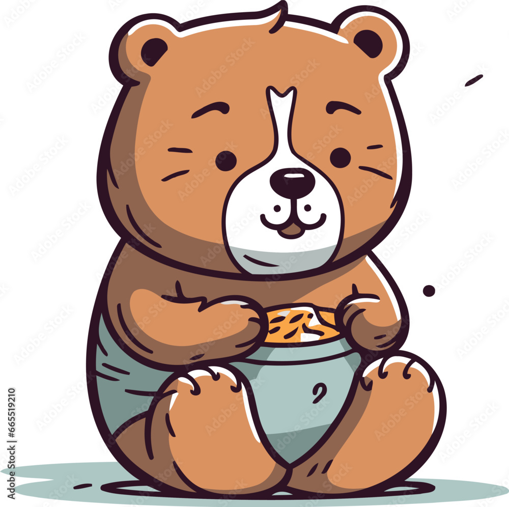 Obraz premium Cute cartoon bear sitting with a bowl of cereals. Vector illustration.