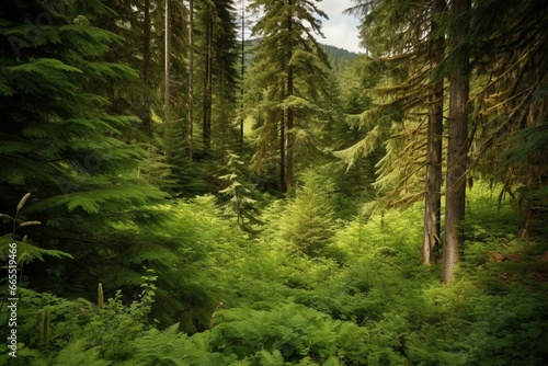 Lush forest with spruce  fir  and pine trees in a national park. Imparts information on sustainable industries  ecosystems  and environments. Generative AI